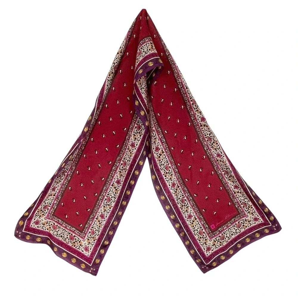 Vintage Anne Klein Womens Burgundy Purple Paisley Floral Silk Scarf Career 52x10
